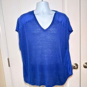 Eileen Fisher 1X Blue Linen Silk Blend V Neck Top Short Sleeve Boxy Blouse